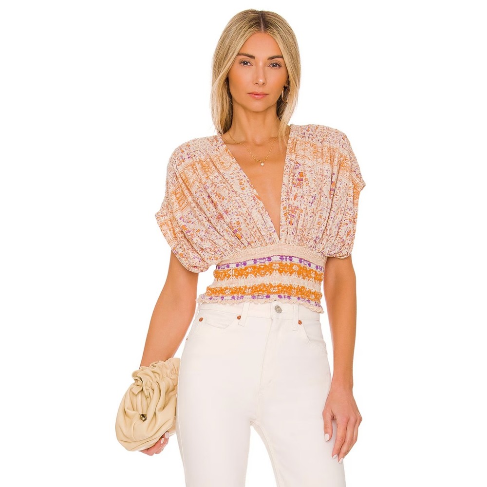 Free People Next Vacation Blouse Smocked S M Cropped Top Ivory Combo Boho Chic